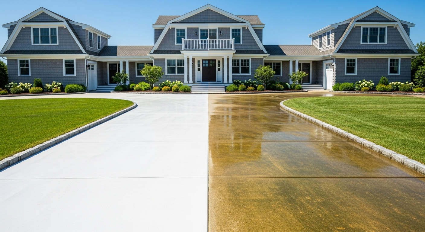 Freshly pressure washed driveway